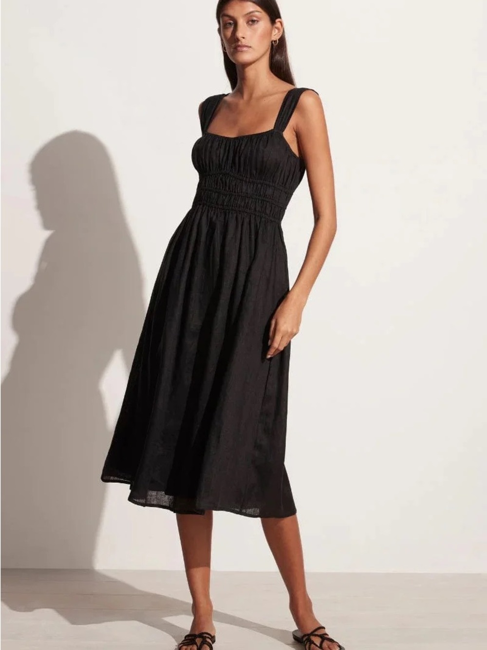 Black Smocked Midi Dress with Wide Straps